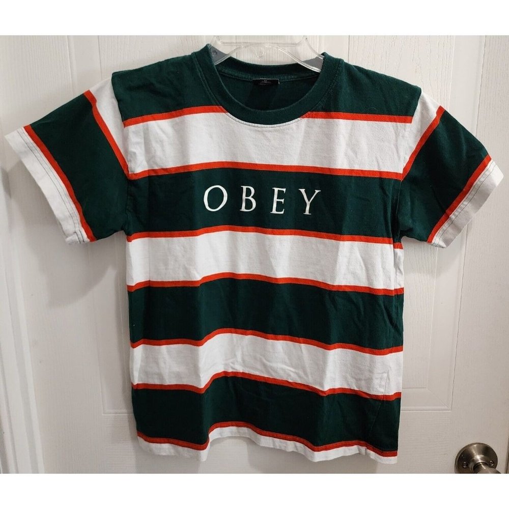 OBEY‎ Worldwide Green White Striped Short Sleeve Spellout Logo Tee Shirt Size M